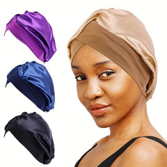 Stretchy Satin Turban Cap Solid Cross Head Wrap Elastic Bonnet