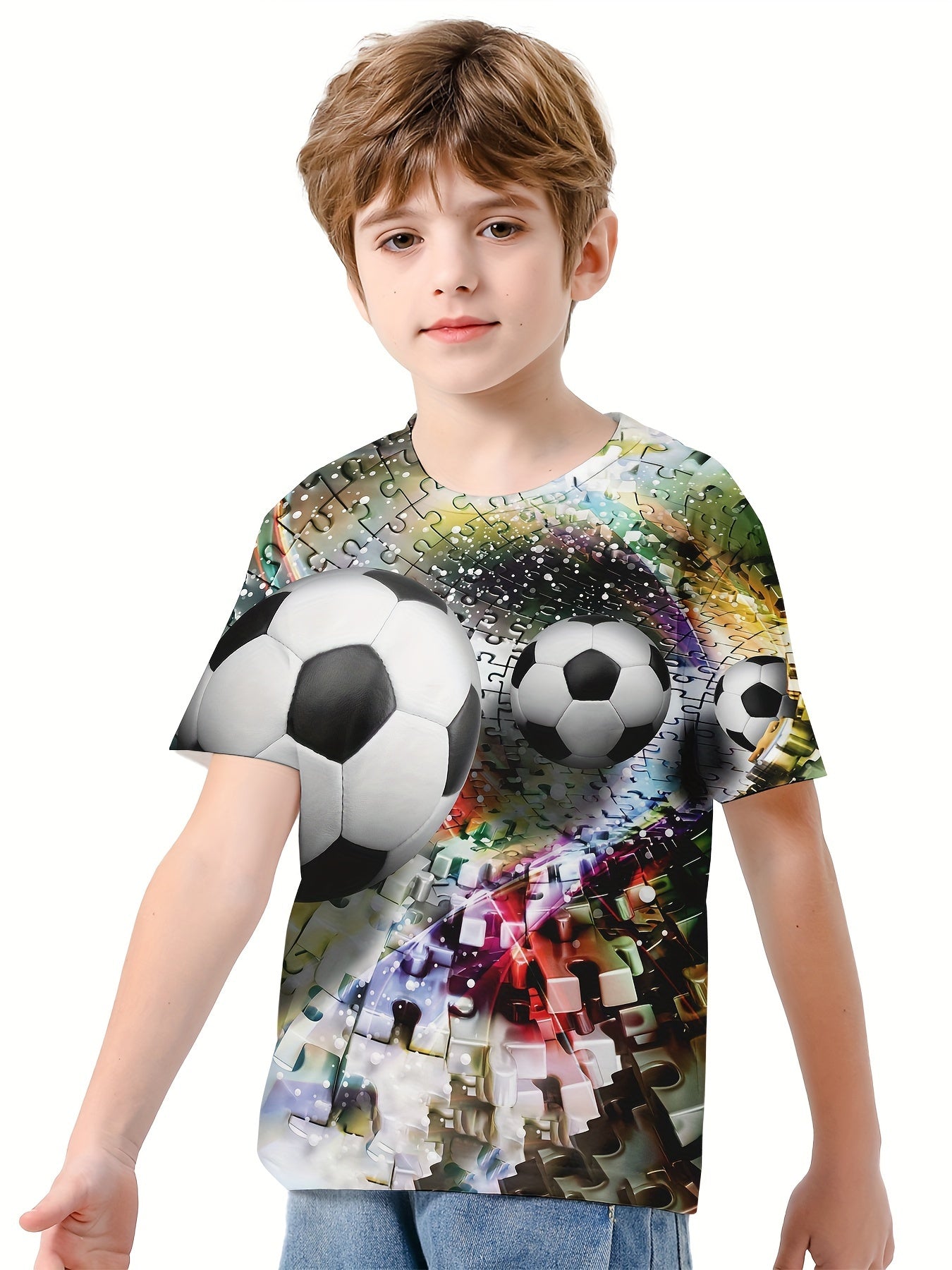 Boys' 3D Football T Shirt Stretch Fabric Short Sleeves