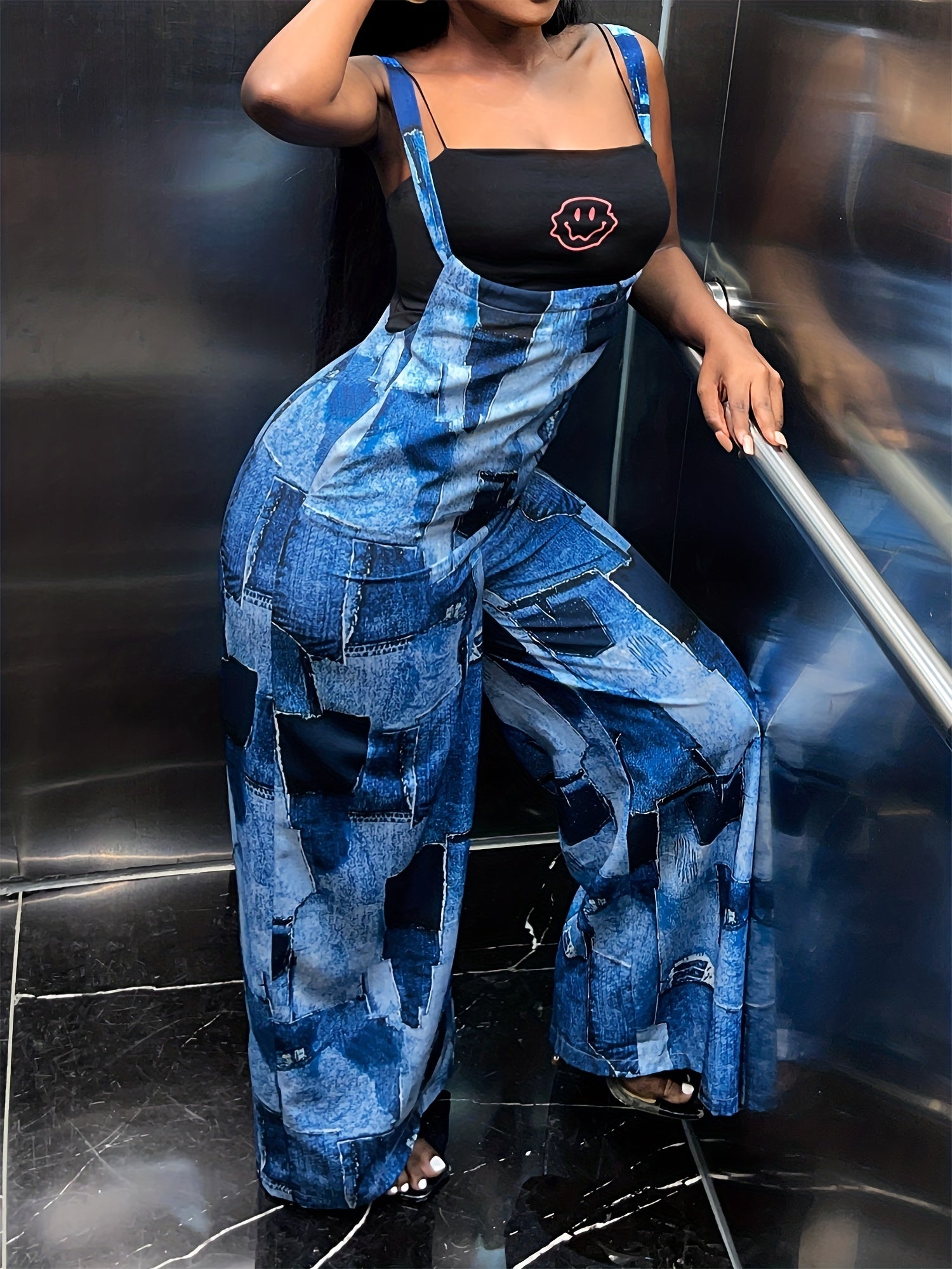 Patchwork Pattern Wide Leg Overall Jumpsuit for Spring & Summer