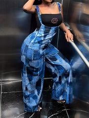 Patchwork Pattern Wide Leg Overall Jumpsuit for Spring & Summer