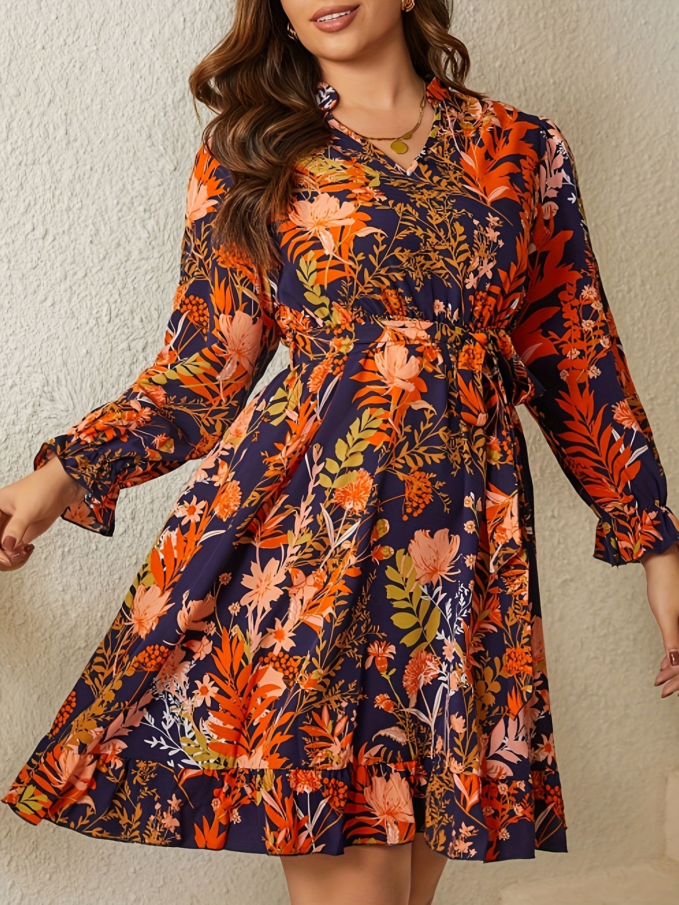 Floral Print Lantern Sleeve V Neck Mini Dress With Belt