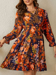 Floral Print Lantern Sleeve V Neck Mini Dress With Belt