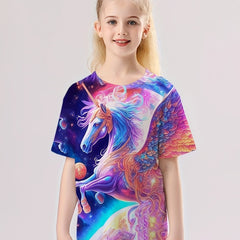 3D Tie Dye Unicorn Graphic T-shirt Girls Casual Short Sleeve Tee