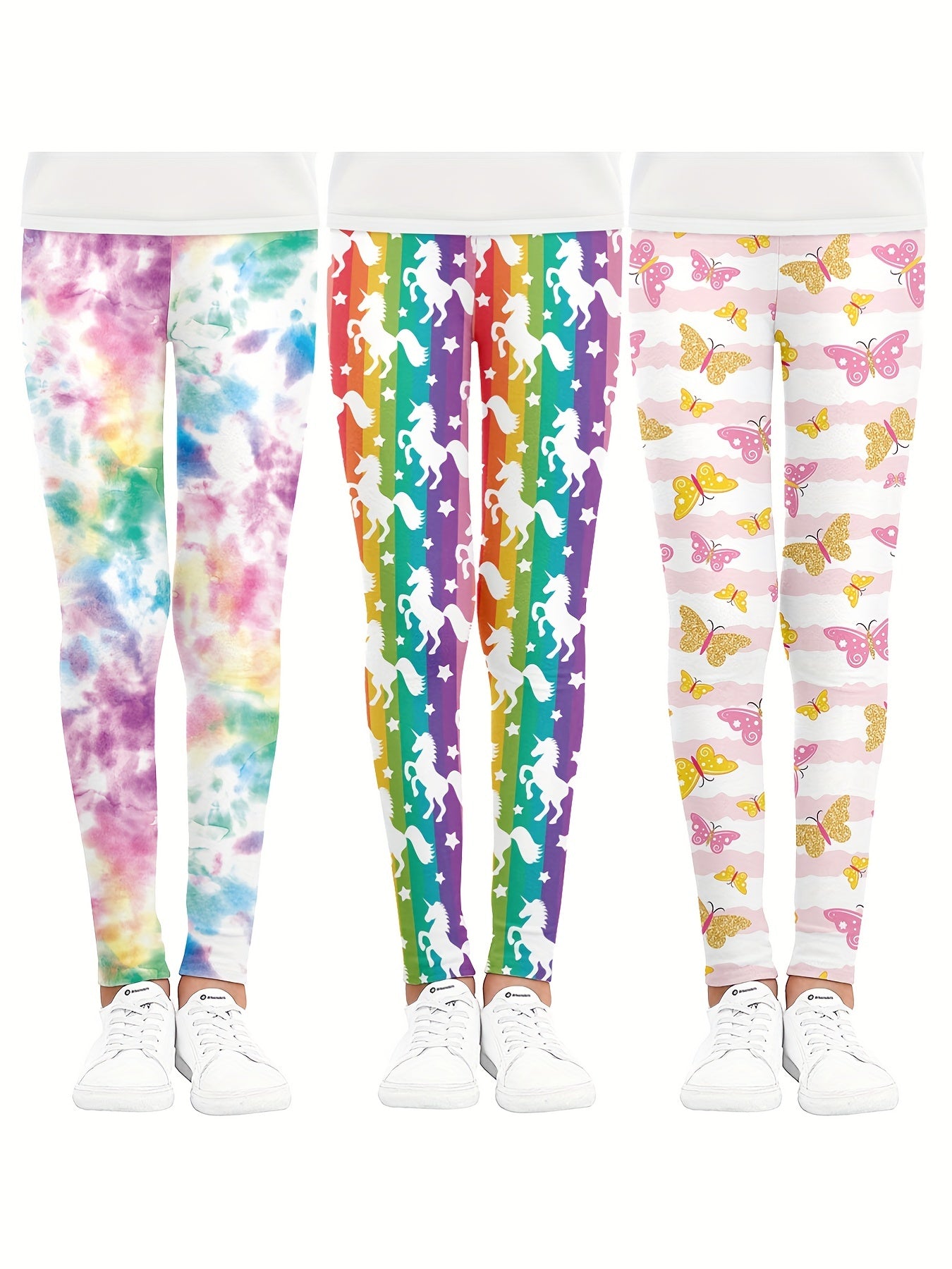 3pcs Girls Cartoon Unicorn And Butterfly Tie Dye Athletic Leggings
