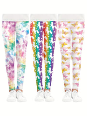 3pcs Girls Cartoon Unicorn And Butterfly Tie Dye Athletic Leggings
