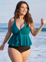 Modest Tankini Set V Neck Ruffle Trim Top & Ruched Panty Swimsuit