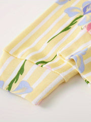 Girl's 2pcs Pajama Set Floral Stripe Print Loungewear 100% Cotton