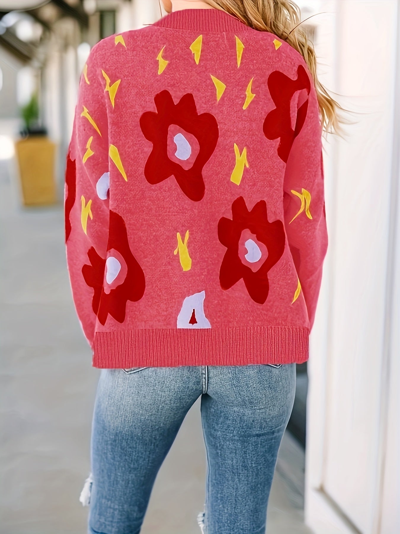 Floral Pattern Long Sleeve Button Up Cardigan