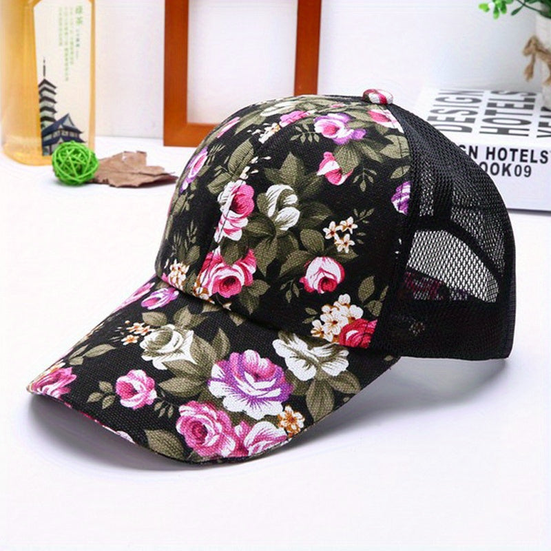 Flower Print Colorful Trucker Hat Mesh Baseball Cap Sunscreen Dad Hats