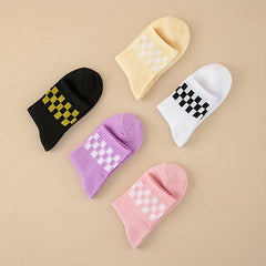 5 Pairs Checkered Pattern Socks Breathable & Comfy Mid Tube Stockings