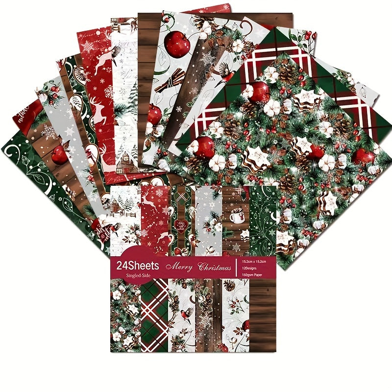 24pcs Christmas Scrapbook Paper Vintage Patterns Crafting Supplies