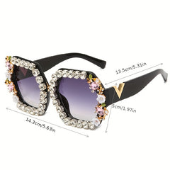 Ombre Lens Sunglasses Rhinestone Decor Square Frame Wide Temple Eyewear