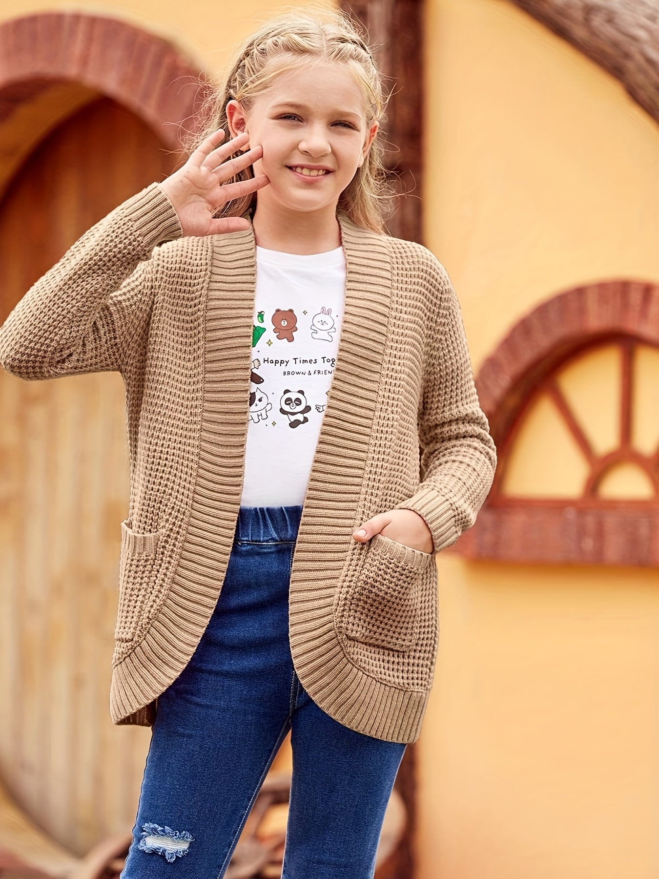 Girls Winter Cardigan Sweater With Fringes & Pockets, Ages 7-14