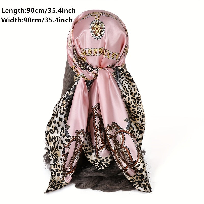 Leopard Print Pink Silk Vintage Square Scarf Large Shawl Women Headwrap