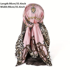 Leopard Print Pink Silk Vintage Square Scarf Large Shawl Women Headwrap