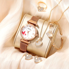 Student Digital Rhinestone Leather Watch & 5pcs Love Rhinestone Jewelry Set