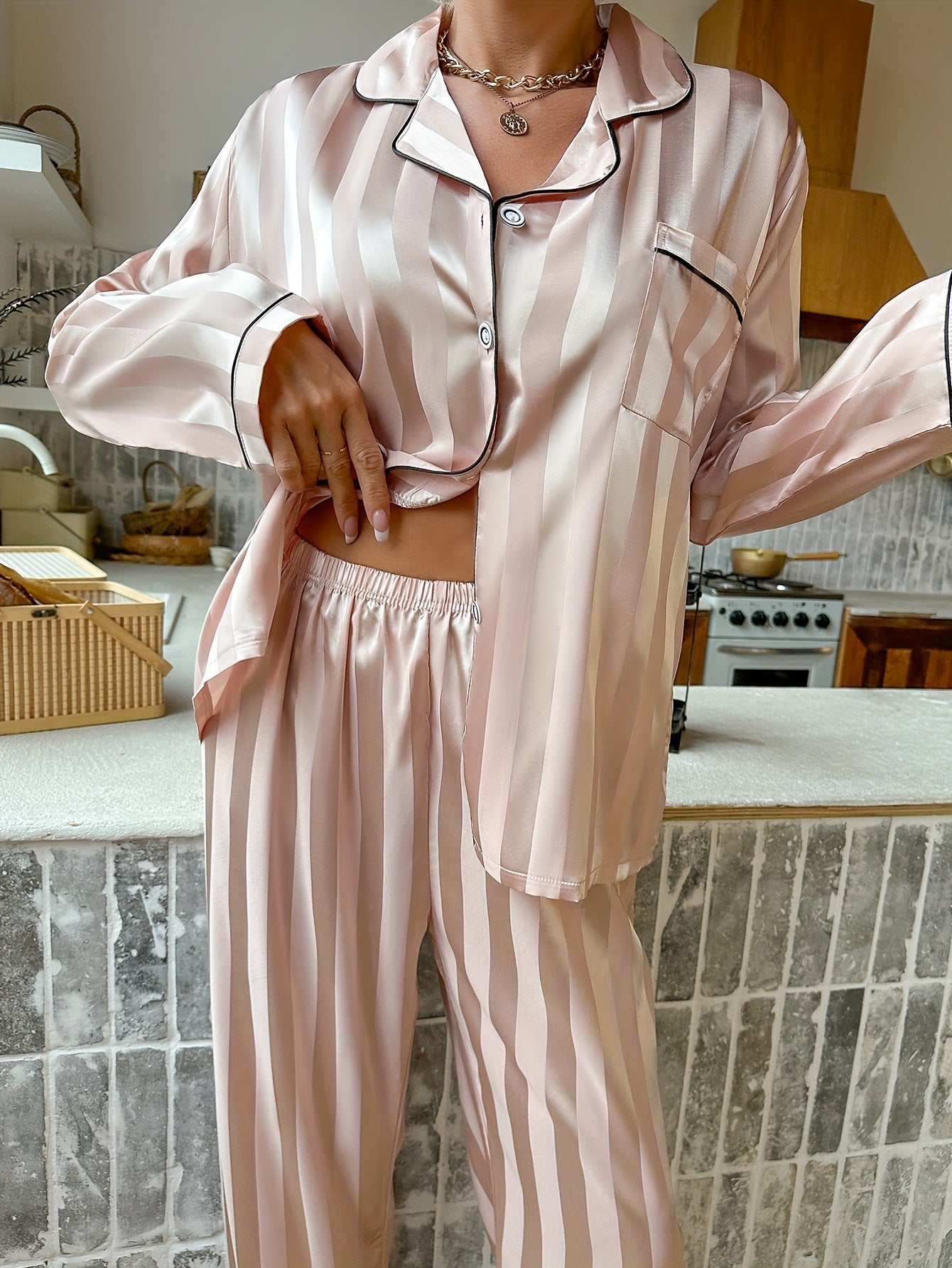 Striped Satin Lounge Set Long Sleeve Top & Pants Women's Loungewear