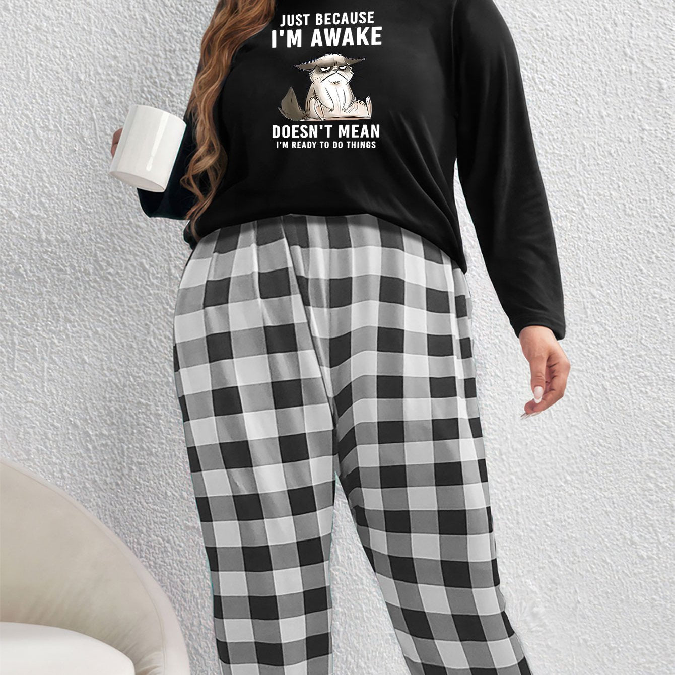 Cat Print Tee & Plaid Pants Pajama Set