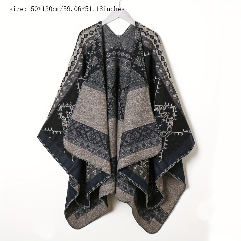 Boho Vintage Cashmere Plaid Jacquard Large Shawl Windproof Cape Scarf
