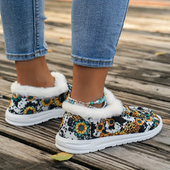 Women's Cow & Floral Print Slip-On Flat Fleece Lining Winter Shoes