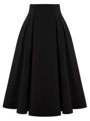 Button Front High Waist Solid Pleated Skirt