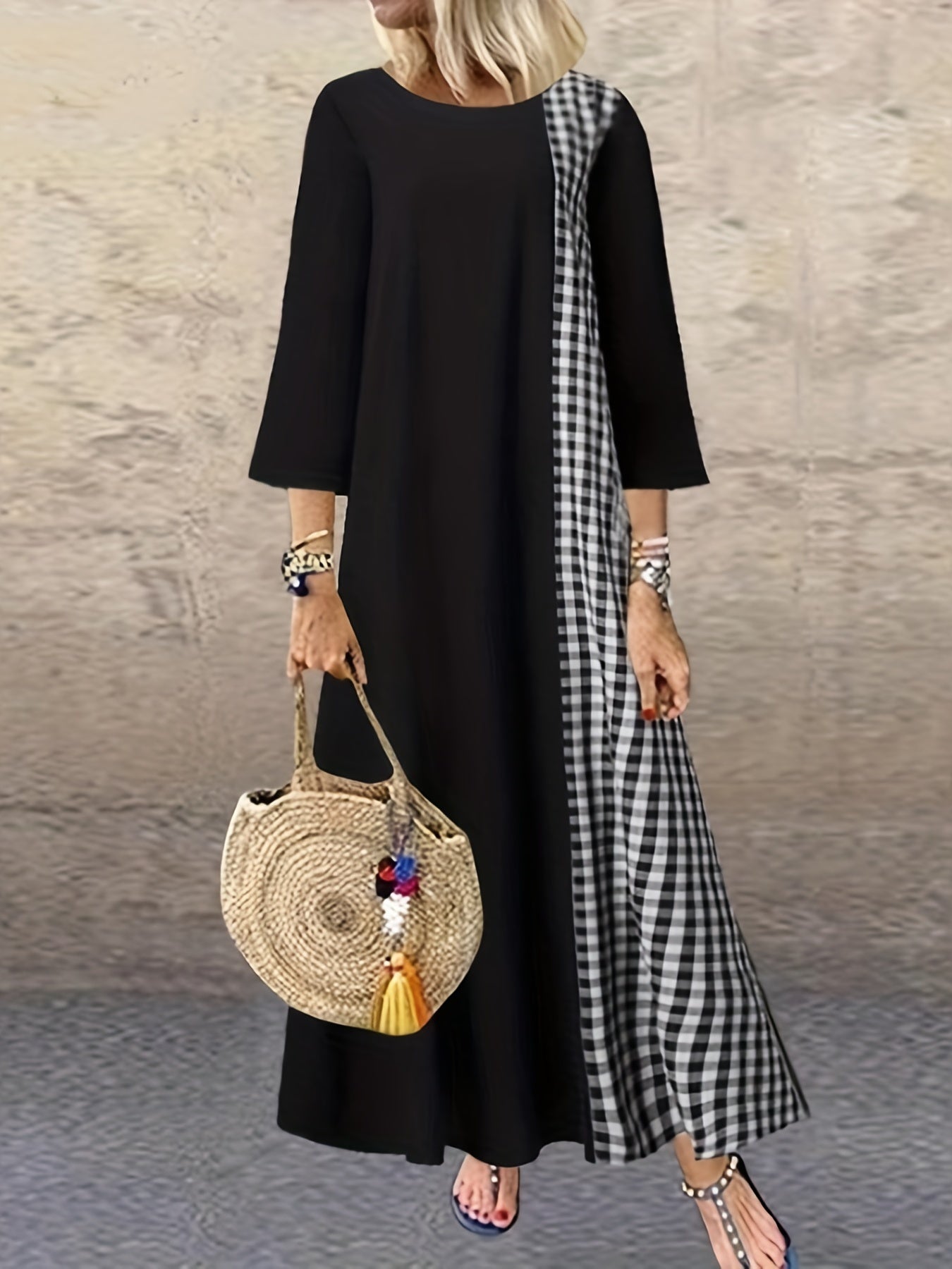 Colorblock Plaid Print Three Quarter Sleeve Round Neck Maxi Dress