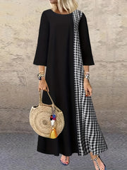 Colorblock Plaid Print Three Quarter Sleeve Round Neck Maxi Dress
