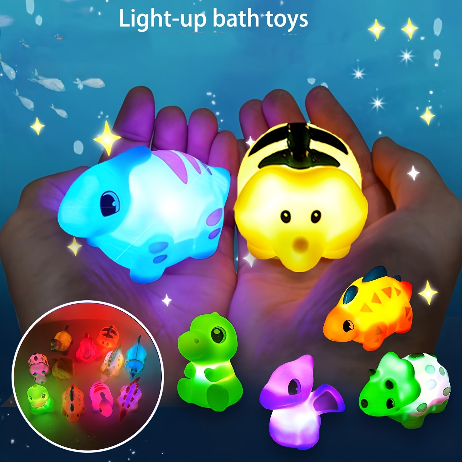 6pcs Light Up Dinosaur Bath Toys Set Glitter Colorful Bathtub Toys No Hole