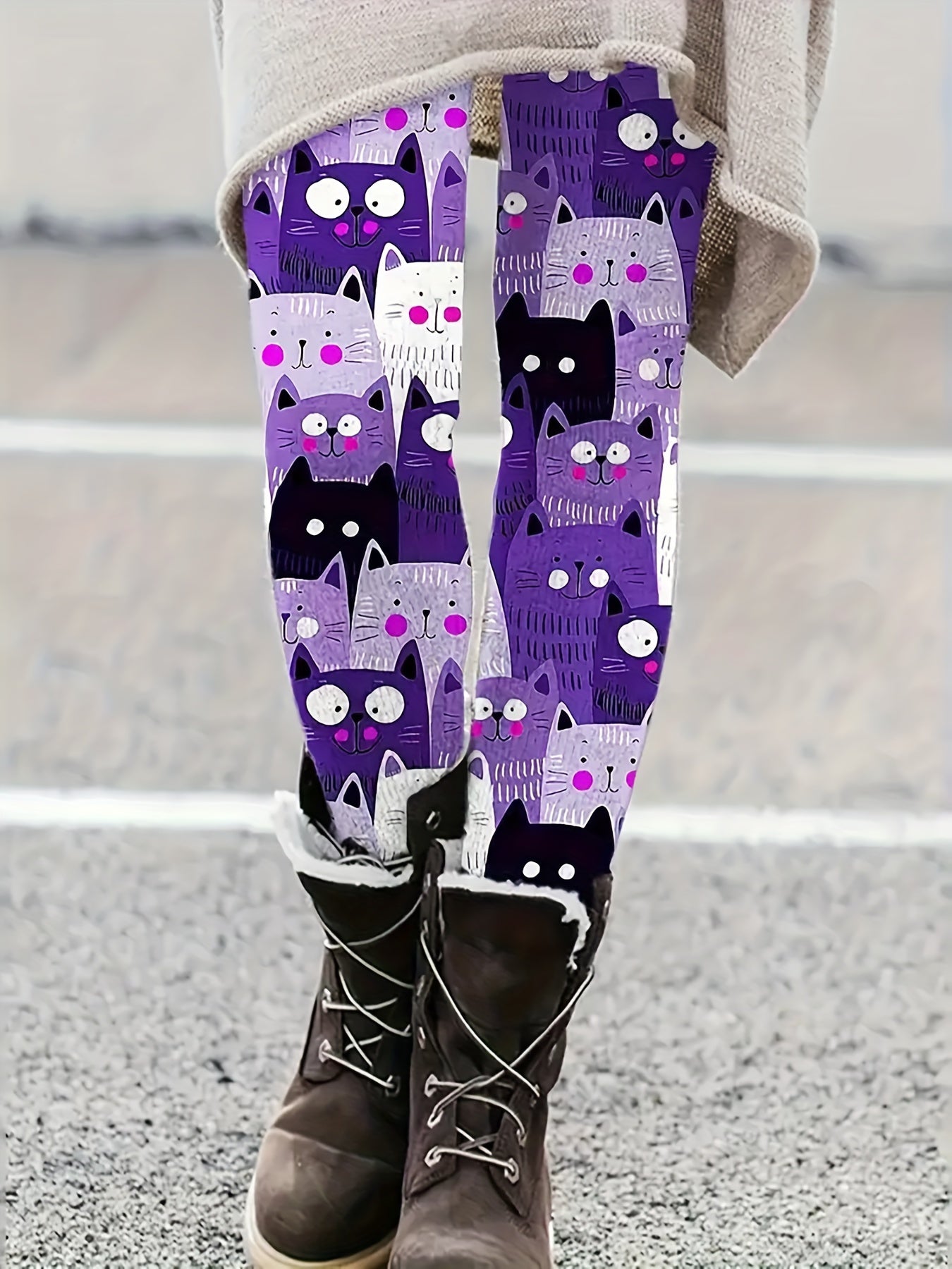 Cat Print Stretch Leggings Slim Fit