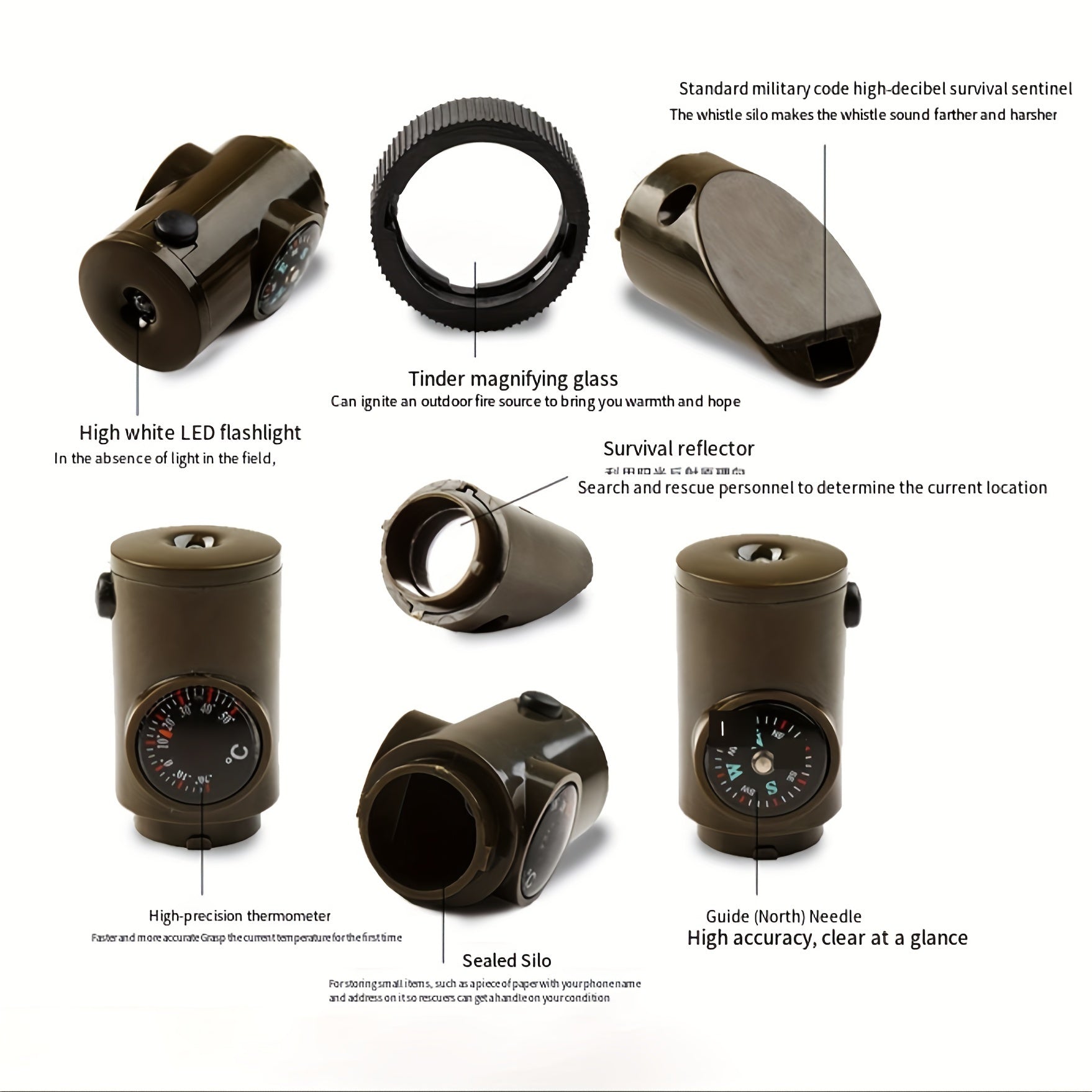 7-in-1 Survival Whistle with Compass, Flashlight & Thermometer