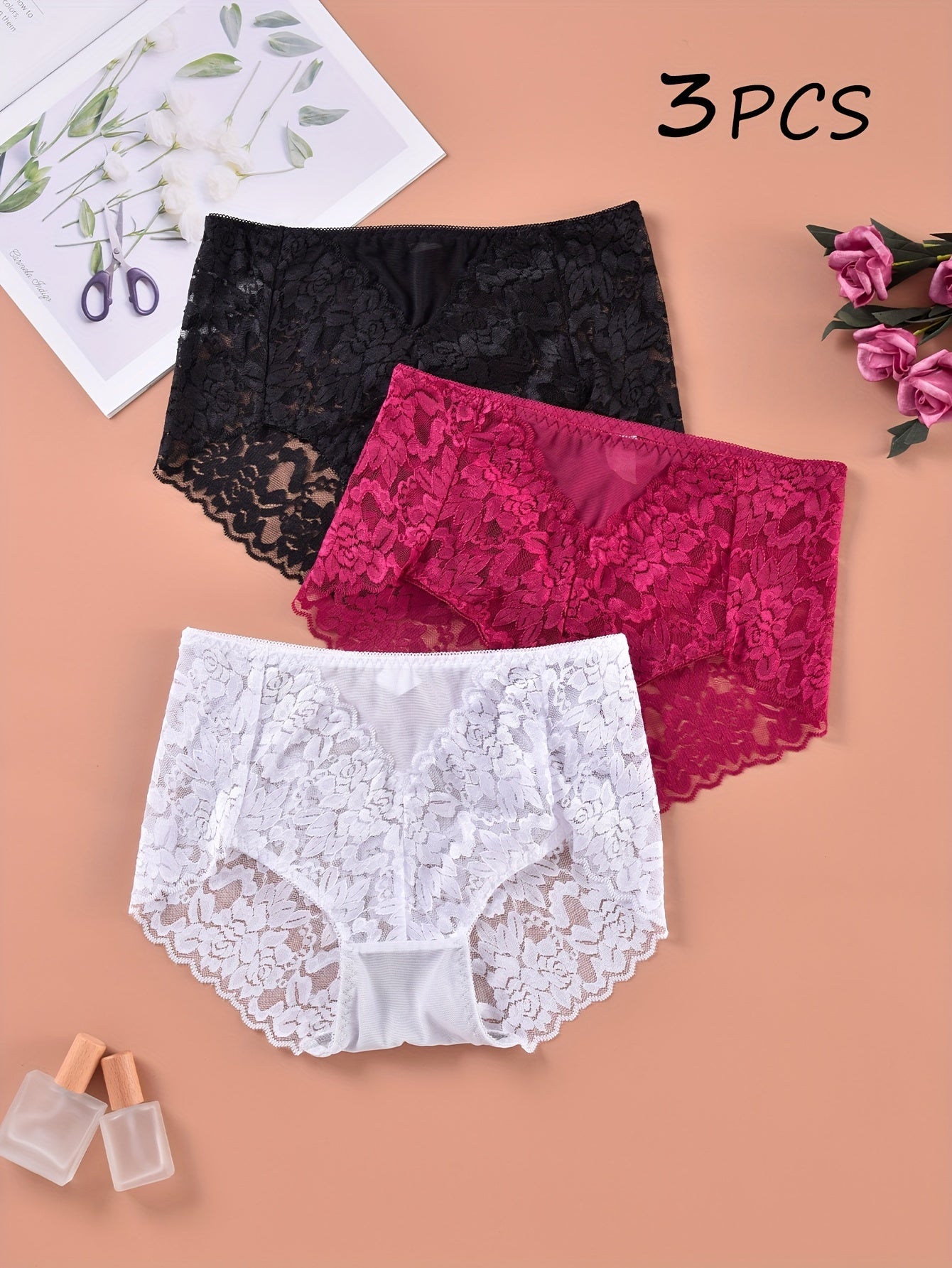3pcs Floral Lace Briefs Women's Lingerie Panties