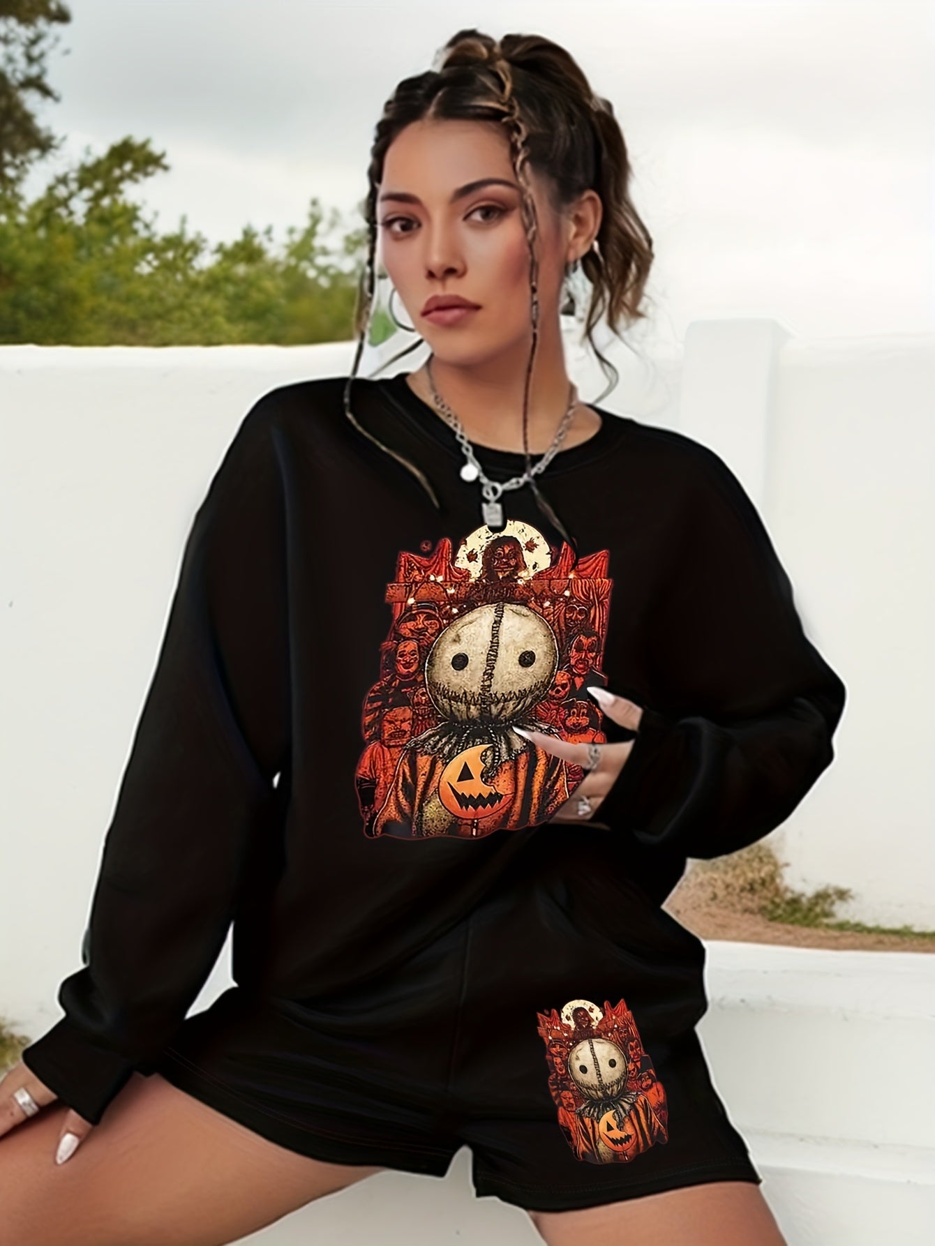 Women's Plus Graphic Print Sweatshirt & Shorts 2pcs Set