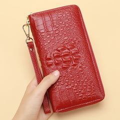 Cowhide Leather Crocodile Embossed Wallet Long Zipper Clutch