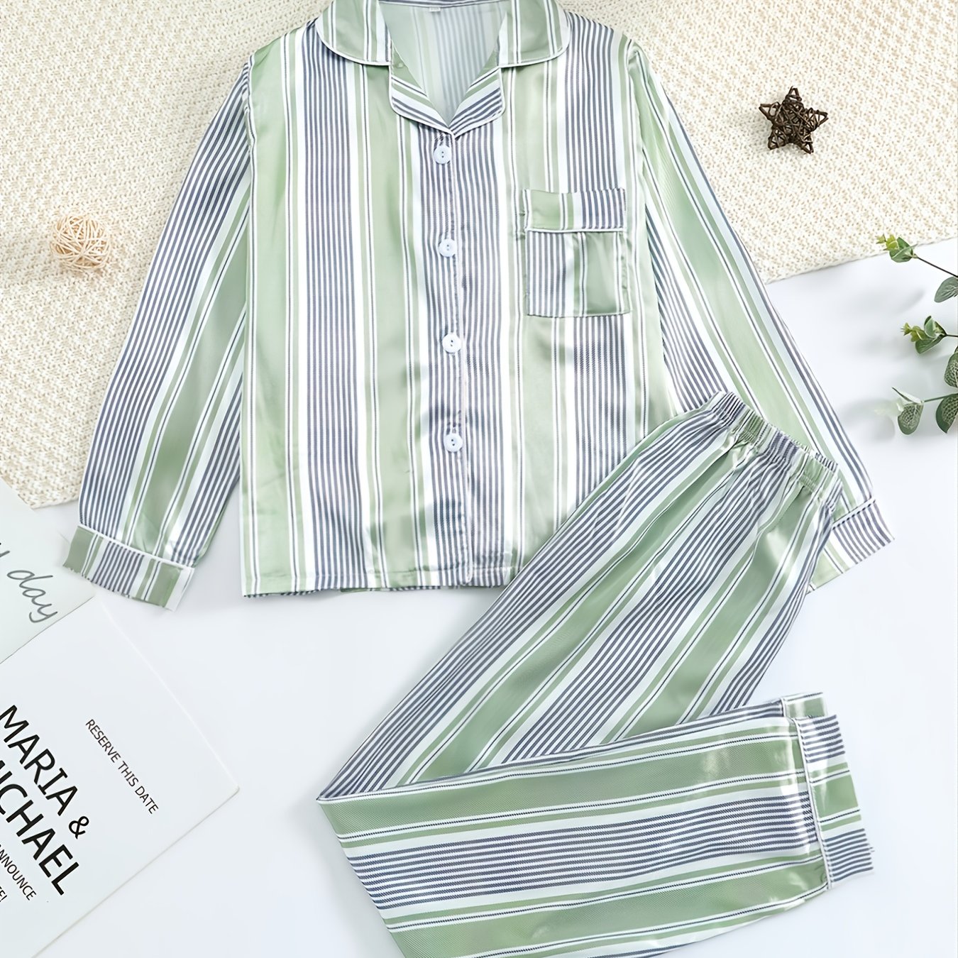 Boys' Striped Pajama Set, Long Sleeve Button Down Top & Pants