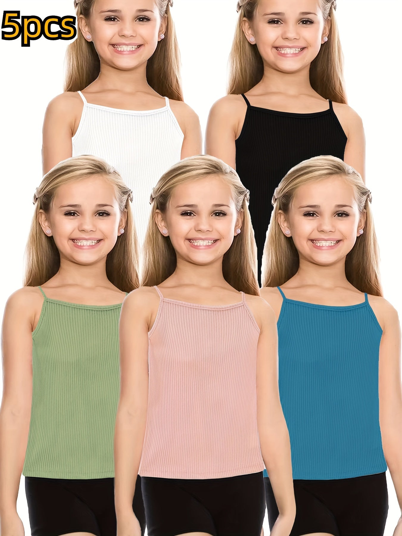 5pcs Girls Solid Cami Top Set - Comfy Tops For Everyday Outdoor Gift Sports