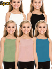 5pcs Girls Solid Cami Top Set - Comfy Tops For Everyday Outdoor Gift Sports