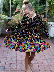 Rainbow Butterfly Long Sleeve Dress Girls Crew Neck Spring Fall