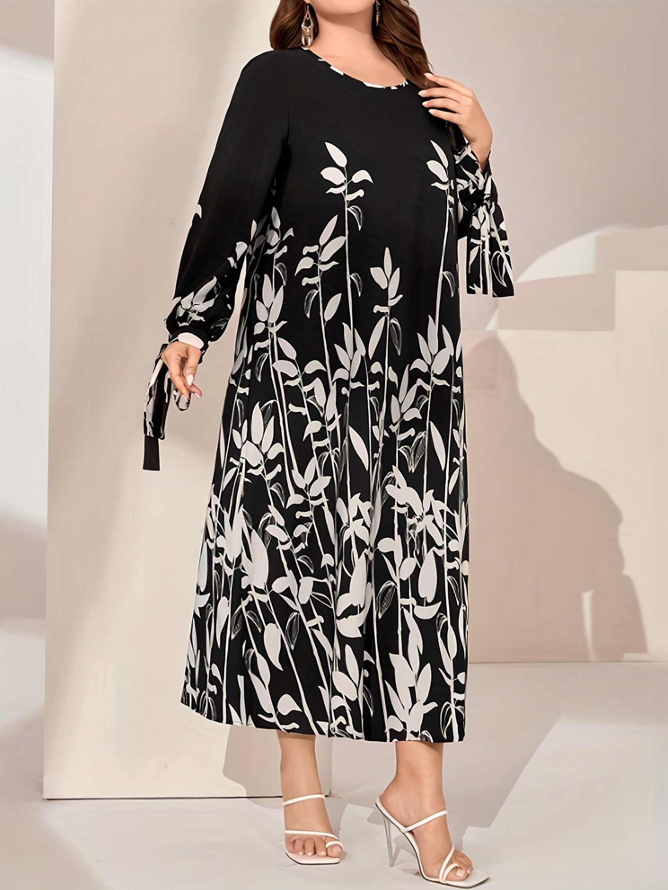 Colorblock Floral Print Round Neck Pleated Dress