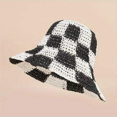 Checkerboard Straw Hat Large Brim Sun Protection Fisherman Hat