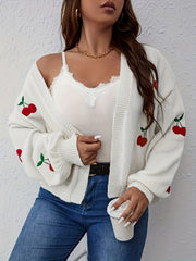 Cherry Embroidery Lantern Sleeve Knit Cardigan