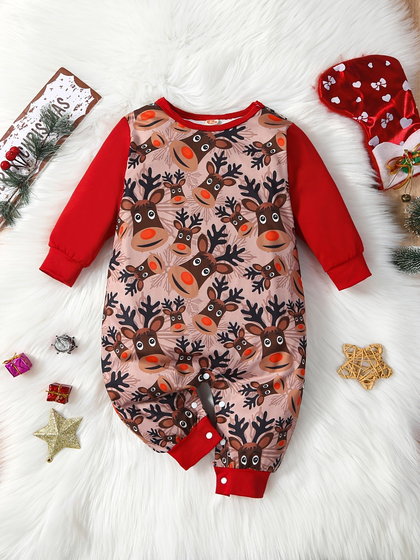 Christmas Elk Print Baby Romper Long Sleeve Jumpsuit