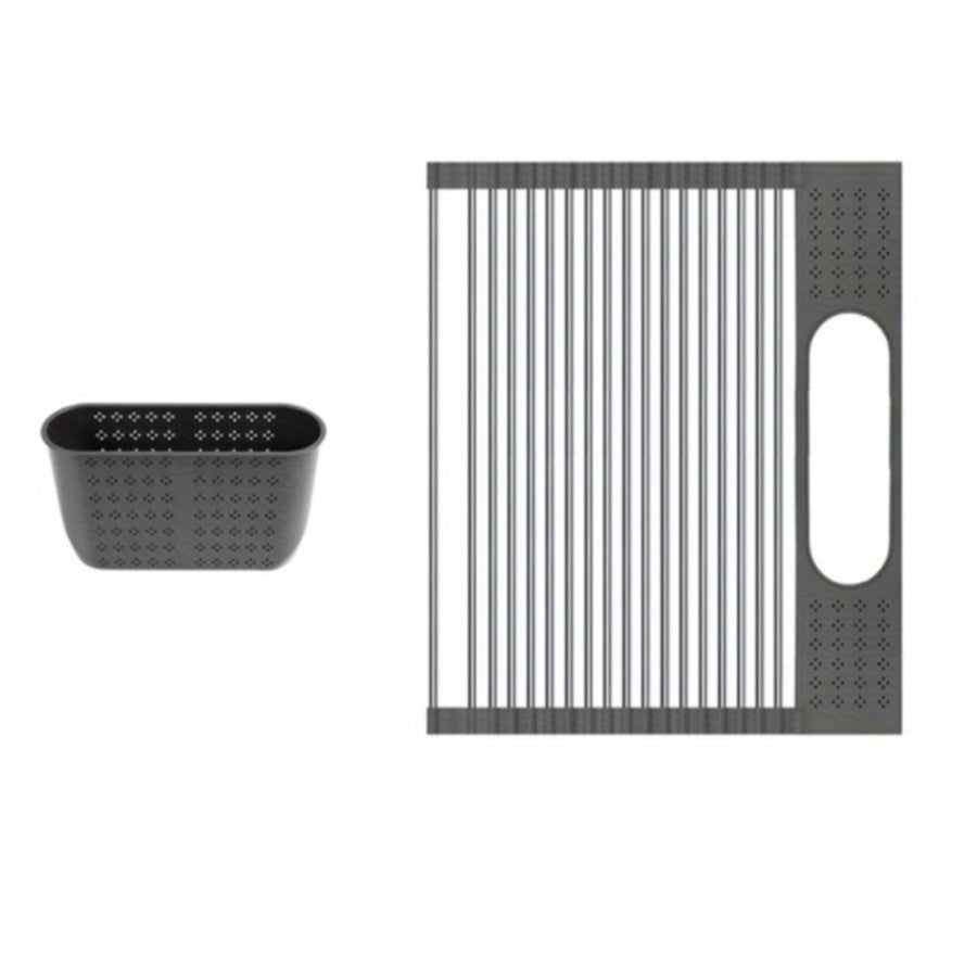 Stainless Steel Roll Up Dish Drying Rack with Utensil Holder