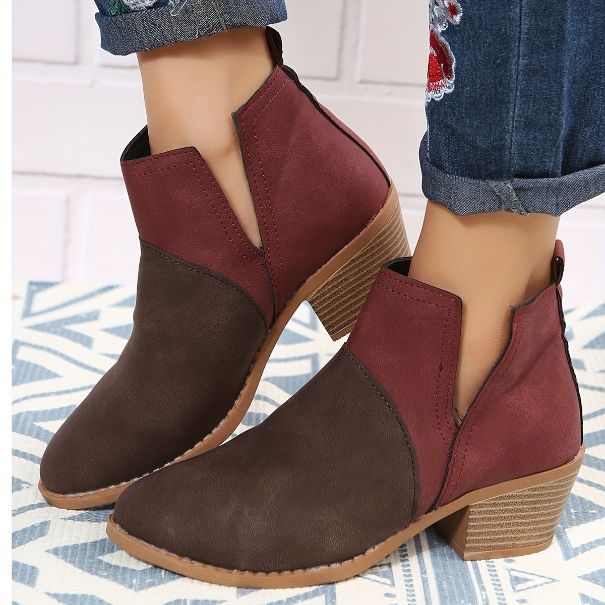 Women's Colorblock Block Heel Ankle Boots Round Toe V-cut Slip On Mid Heels
