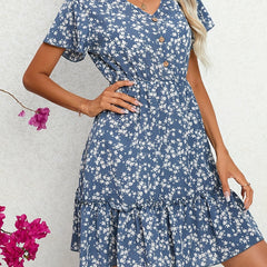 Women's High Waist Slim Ditsy Floral Vacation Mid Length Dresses