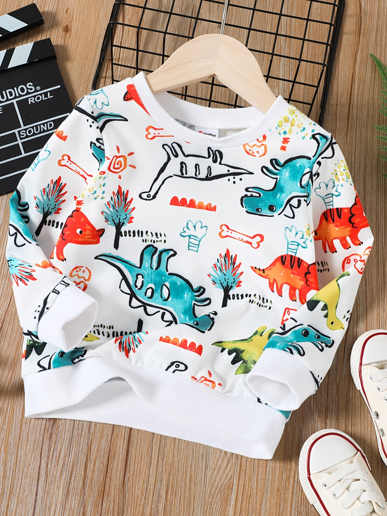Dinosaur Print Boys Sweatshirt Long Sleeve Crew Neck Tops Kids Clothing