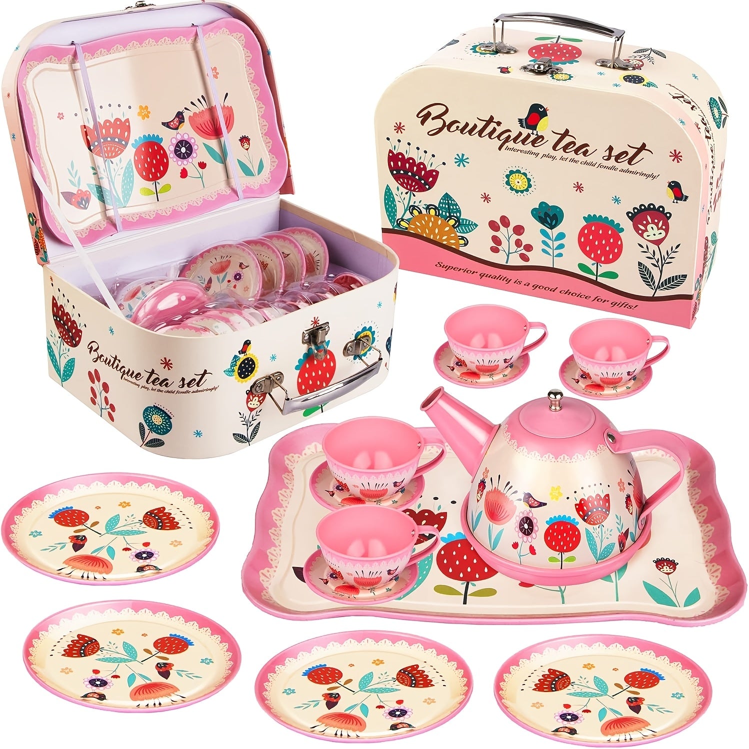 15pcs Mermaid Tea Party Set for Little Girls Pretend Tin Teapot Set