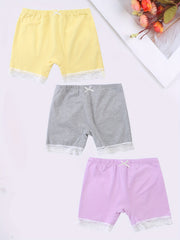 3pcs Girl's Cotton Boyshorts Lace Trim Elastic Waist Shorts