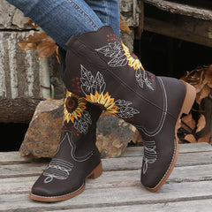 Women's Embroidered Mid Calf Western Boots Faux Leather Boots