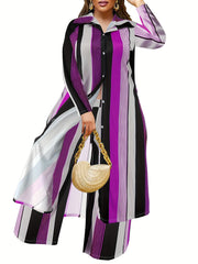 Women's Plus Striped Shirt Dress & Wide Leg Pants Set