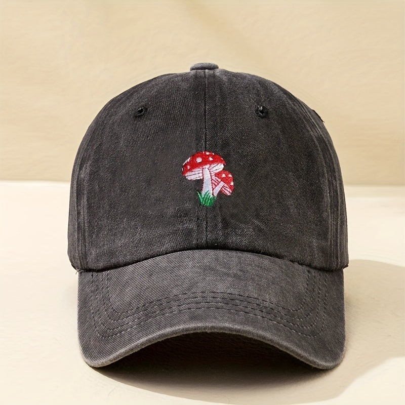 Mushroom Embroidery Baseball Cap Unisex Washed Distressed Dad Hats